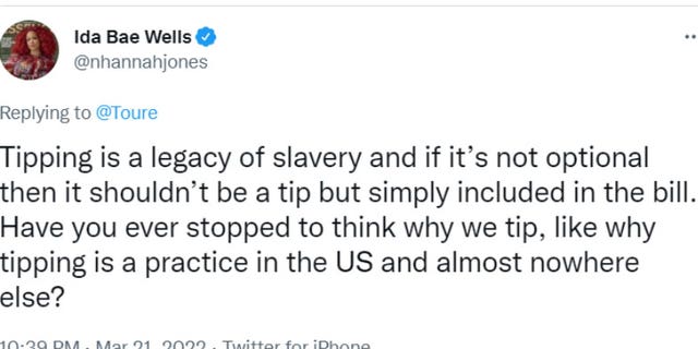 Nikole Hannah-Jones claimed tipping was a "legacy of slavery" in a now-deleted tweet from March 21, 2022. (Twitter screenshot)