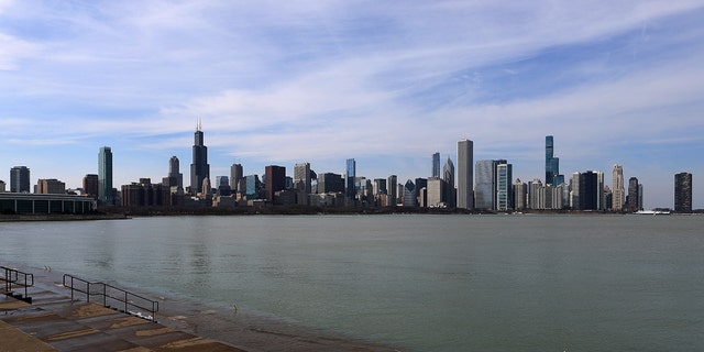 The Chicago skyline, photographed from outside the Adler Planetarium in Chicago, Illinois on March 1, 2020.  