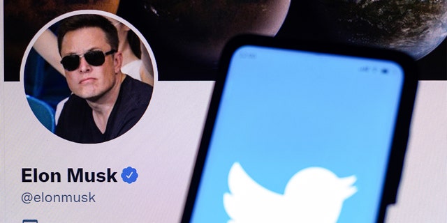 In this photo illustration, the Twitter logo is displayed on a smartphone with Elon Musk's official Twitter profile. 