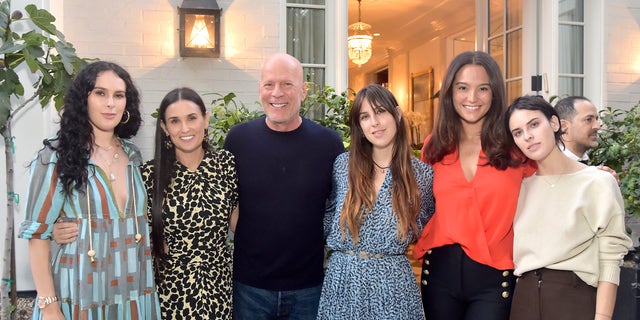 Rumer Willis, Demi Moore, Bruce Willis, Scout Willis, Emma Heming Willis and Tallulah Willis attend Demi Moore's "Inside Out" book launch party on Sept. 23, 2019 in Los Angeles.