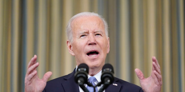 President Joe Biden speaks in the State Dining Room of the White House, Friday, April 1, 2022, in Washington.