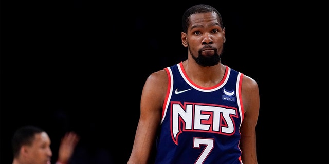 Brooklyn Nets forward Kevin Durant (7) reacts as his team trails during the second half of Game 4 of an NBA basketball first-round playoff series against the Boston Celtics, Monday, April 25, 2022, in New York.