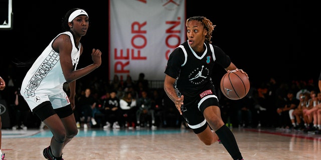 Aaliyah Gayles of Las Vegas, NV dribbles the ball during the Jordan Brand Classic girls game at Hope Student Athletic Center on April 15, 2022 in Chicago, IL.