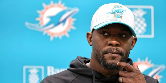 Miami Dolphins head coach Brian Flores talks to the media before practice at Baptist Health Training Complex at Hard Rock Stadium Oct. 20, 2021, in Miami Gardens, Fla.