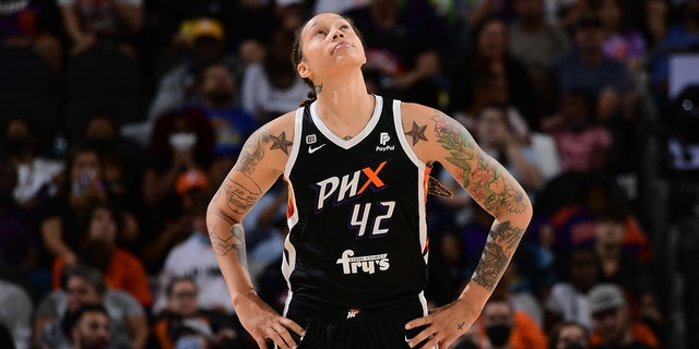 Brittney Griner #42 #3 of the Phoenix Mercurylooks on during the game against the Chicago Sky during Game Two of the 2021 WNBA Finals on Oct. 13, 2021 at Footprint Center in Phoenix, Arizona. 