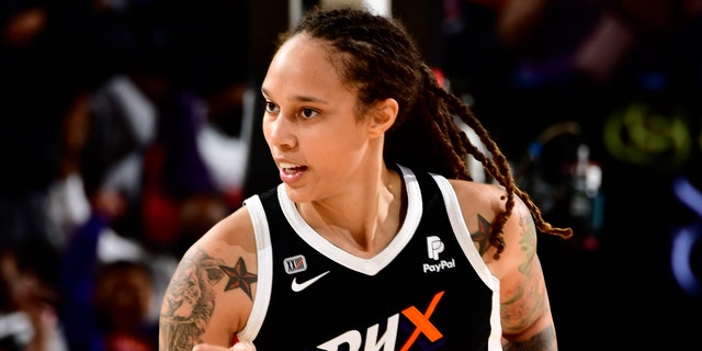 Brittney Griner #42 of the Phoenix Mercury celebrates during Game Two of the 2021 WNBA Finals on Oct. 13, 2021 at Footprint Center in Phoenix, Arizona.