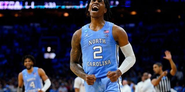 North Carolina's Caleb Love reacts during the second half of a game against UCLA in the Sweet 16 of the NCAA tournament March 25, 2022, in Philadelphia.
