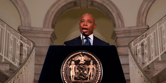 Mayor Eric Adams speaks during a news conference at City Hall in New York City, Jan. 24, 2022.