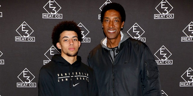 Scottie Pippen Jr. (L) and Scottie Pippen attend the grand opening of E3 Chophouse Nashville on November 20, 2019 in Nashville, Tennessee. 