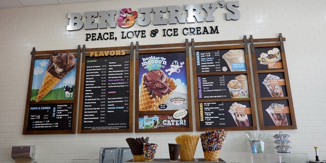 The menu hangs on the wall at a Ben &amp; Jerry's ice cream store on September 23, 2021 in Miami, Florida. (Photo by Joe Raedle/Getty Images)