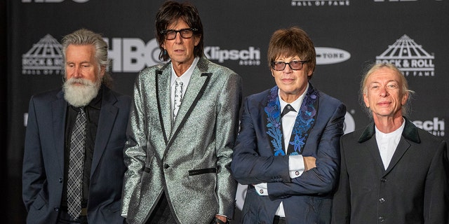 Inductees (L-R) David Robinson, Ric Ocasek, Elliot Easton and Greg Hawkes of The Cars attend the 33rd Annual Rock and Roll Hall of Fame induction ceremony at Public Auditorium April 14, 2018, in Cleveland, Ohio.