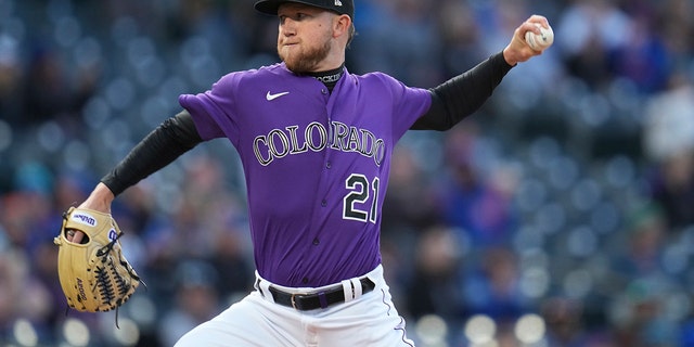 Colorado Rockies starting pitcher Kyle Freeland throws to a Chicago Cubs batter during the first inning of a baseball game Thursday, April 14, 2022, in Denver.