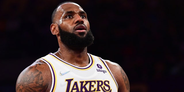 LeBron James Lakers shoots a free throw against the Detroit Pistons on Nov. 28, 2021, at Staples Center in Los Angeles, California.