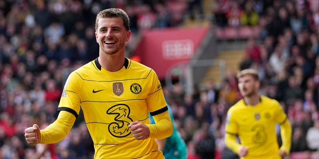 Chelsea's Mason Mount celebrates after scoring his side's sixth goal during the English Premier League soccer match between Southampton and Chelsea at the Saint Mary's Stadium in Southampton, Saturday, April 9, 2022. ()