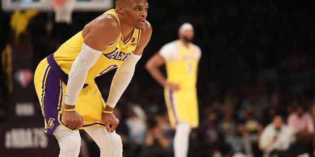 Los Angeles Lakers guard Russell Westbrook during the game against the Golden State Warriors at Staples Center on Oct. 12, 2021.