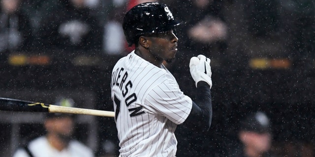 Chicago White Sox's Tim Anderson watches his two-run double during the second inning of the team's baseball game against the Seattle Mariners on Wednesday, April 13, 2022, in Chicago.