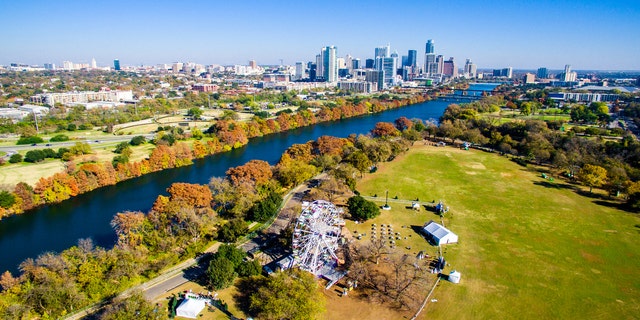 An aerial shot over Zilker Park in Austin, Texas. 