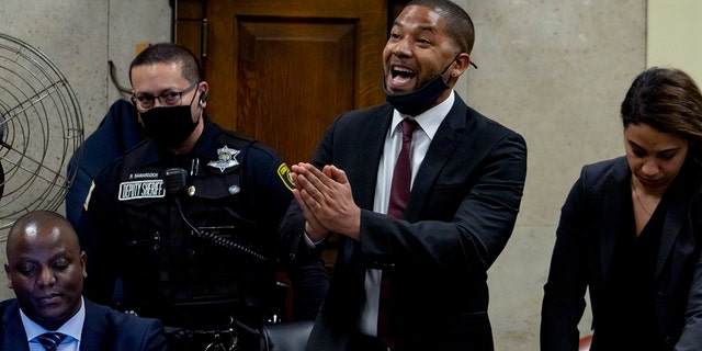 Actor Jussie Smollett speaks to Judge James Linn after his sentence is read at the Leighton Criminal Court Building, Thursday, March 10, 2022, in Chicago.