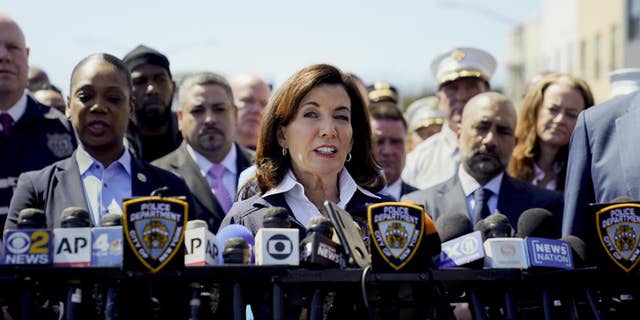 New York Gov. Kathy Hochul speaks at a news conference in the Brooklyn borough of New York, Tuesday, April 12, 2022.
