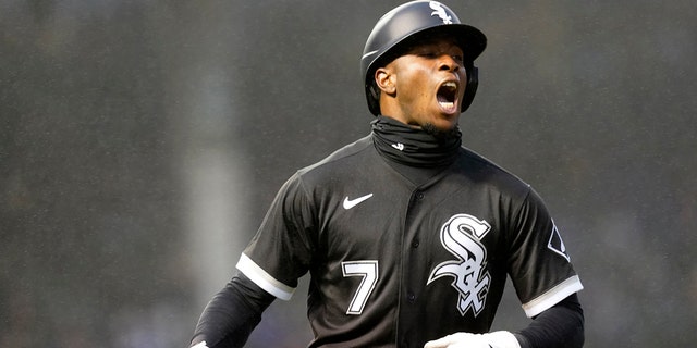 In a misting rain Chicago White Sox's Tim Anderson yells out in celebration of his home run off Chicago Cubs relief pitcher Keegan Thompson during the third inning of a baseball game Tuesday, May 3, 2022, in Chicago. 