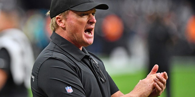 Oct 10, 2021; Paradise, Nevada, USA; Las Vegas Raiders head coach John Gruden is pictured before the start of a game against the Chicago Bears at Allegiant Stadium.
