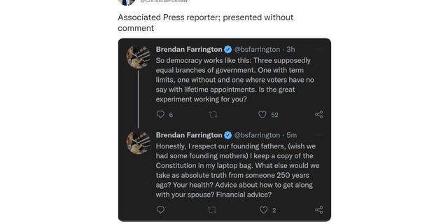 Christina Pushaw shared a screenshot of a tweet by AP reporter Brendan Farrington on May 4, 2022 criticizing the founding fathers because of the leaked Supreme Court draft opinion pointing to the potential overturning of Roe v. Wade. (Screenshot/Twitter)
