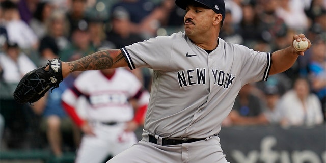 New York Yankees starting pitcher Nestor Cortes throws against the Chicago White Sox during the first inning of a baseball game in Chicago, Sunday, May 15, 2022. 