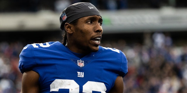Adoree' Jackson #22 of the New York Giants reacts after a play during the fourth quarter in the game against the Las Vegas Raiders at MetLife Stadium on November 07, 2021 in East Rutherford, New Jersey.