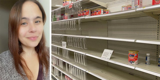 Allie Seckel of Alaska is shown here; meanwhile, empty formula shelves at a store in Long Island, N.Y., are shown at right.
