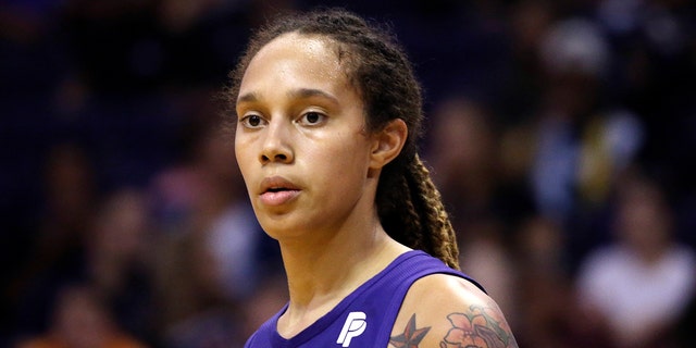 Phoenix Mercury center Brittney Griner pauses on the court during the second half of a WNBA basketball game against the Seattle Storm, Sept. 3, 2019, in Phoenix.