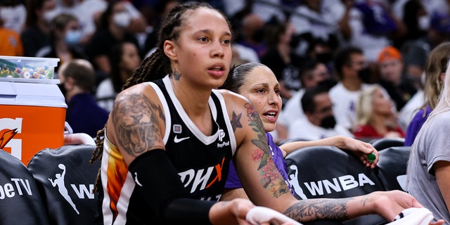 Brittney Griner of the Mercury reacts to a foul call in the Chicago Sky game at Footprint Center on Oct. 10, 2021, in Phoenix, Arizona.