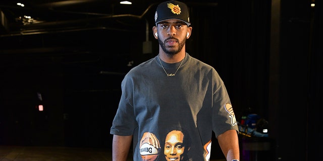 Chris Paul of the Suns in his Brittney Griner shirt prior to the semifinal game against the Dallas Mavericks May 10, 2022, at Footprint Center in Phoenix, Arizona.