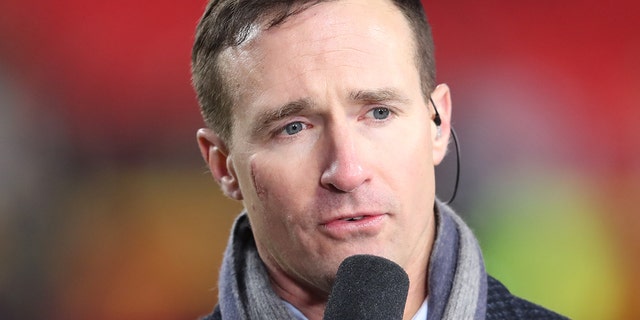 NBC Sports Drew Brees reports from the sidelines before an AFC wild card playoff game between the Pittsburgh Steelers and Kansas City Chiefs on Jan 16, 2022 at GEHA Field at Arrowhead Stadium in Kansas City, MO.