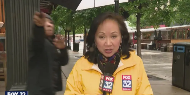 Chicago man points gun at news crew during live report.
