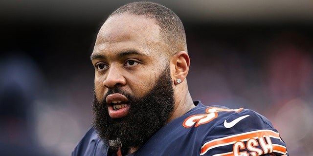 Akiem Hicks #96 of the Chicago Bears walks across the field before the NFC Wild Card Playoff game against the Philadelphia Eagles at Soldier Field on Jan. 6, 2019 in Chicago, Illinois.