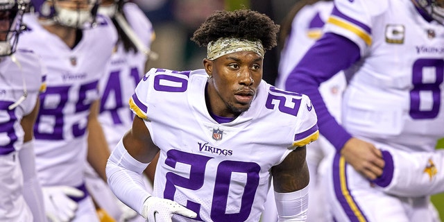Minnesota Vikings cornerback Jeff Gladney (20) looks on in action during a NFL game between the Minnesota Vikings and the Chicago Bears on November 16, 2020, at Soldier Field, in Chicago, IL.  