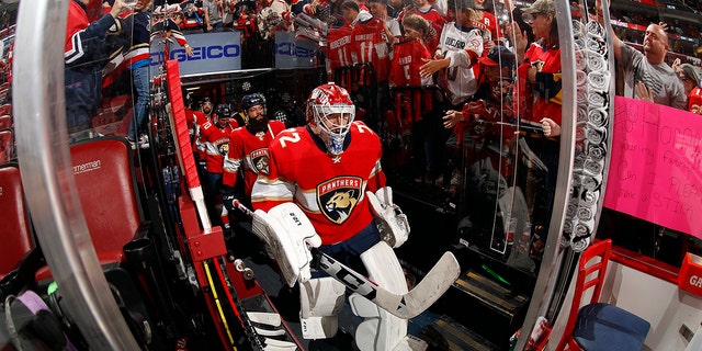 Goaltender Sergei Bobrovsky of the Panthers makes his way onto the ice against the Washington Capitals in the 2022 Stanley Cup Playoffs on May 3, 2022, in Sunrise, Florida. 