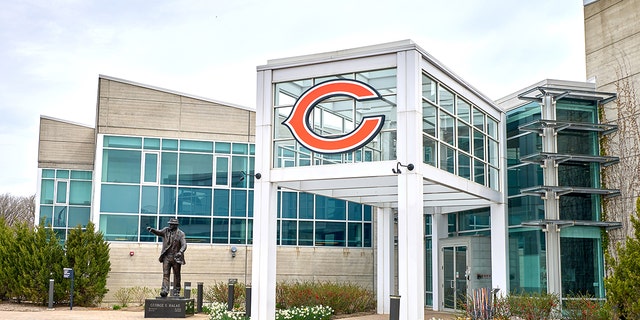 The entrance to Halas Hall during the Chicago Bears rookie minicamp May 8, 2022, Lake Forest, Ill.