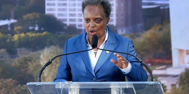 Chicago Mayor Lori Lightfoot speaks during a ceremonial groundbreaking at the Obama Presidential Center in Jackson Park on Sept. 28, 2021, in Chicago.