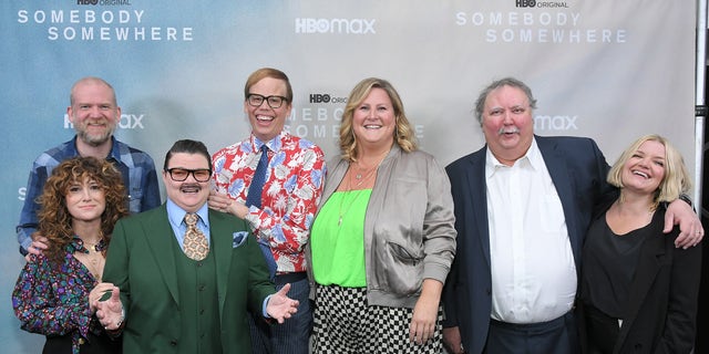 (L-R) Carolyn Strauss, Paul Thureen, Hannah Bos, Murray Hill, Jeff Hiller, Bridget Everett, Mike Hagerty and Mary Catherine Garrison attend the HBO MAX "Somebody Somewhere" final episode screening in February. 