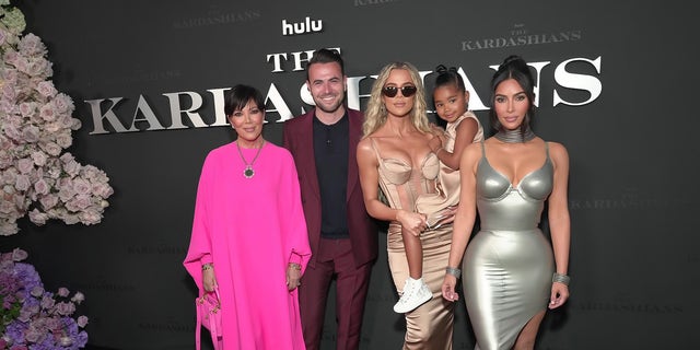 (L-R) Kris Jenner, Ben Winston, Khloé Kardashian, True Thompson, and Kim Kardashian attend the Los Angeles premiere of Hulu's new show "The Kardashians." Khloe shares her daughter True with Tristan Thompson.