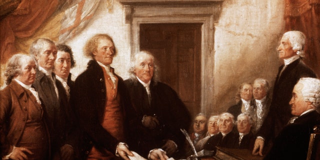"Declaration of Independence" - detail of the painting by John Trumbell.  Undated color slide.