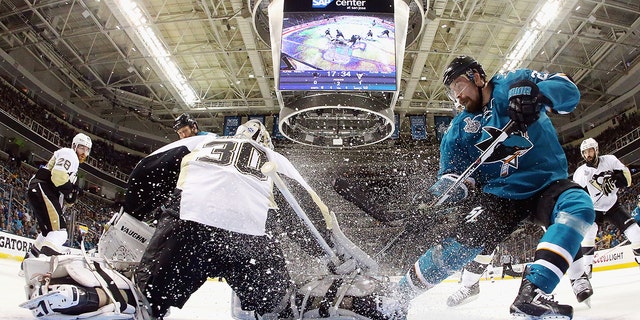 Matt Murray of the Pittsburgh Penguins defends against Joonas Donskoi of the Sharks in the 2016 NHL Stanley Cup Final at SAP Center on June 12, 2016, in San Jose, California.