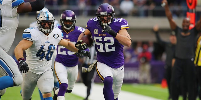 Chad Greenway #52 of the Minnesota Vikings runs down the sideline after an interception during the first half of the game on November 6, 2016 at US Bank Stadium in Minneapolis, Minnesota. 
