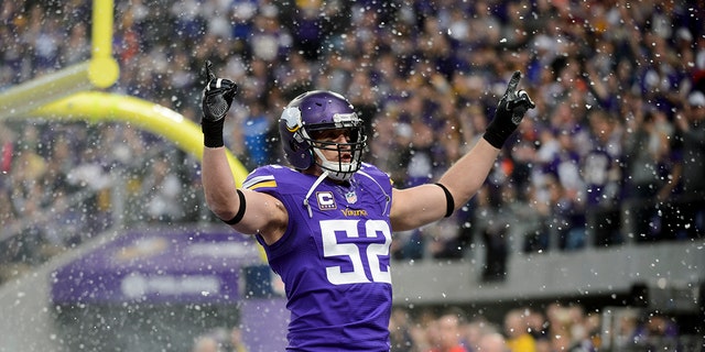 Chad Greenway #52 of the Minnesota Vikings is introduced before the game against the Chicago Bears on January 1, 2017 at US Bank Stadium in Minneapolis, Minnesota. 