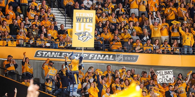 Nashville Predators mascot Gnash fires up the crowd during the 2017 NHL Stanley Cup Final against the Pittsburgh Penguins at Bridgestone Arena on June 11, 2017.