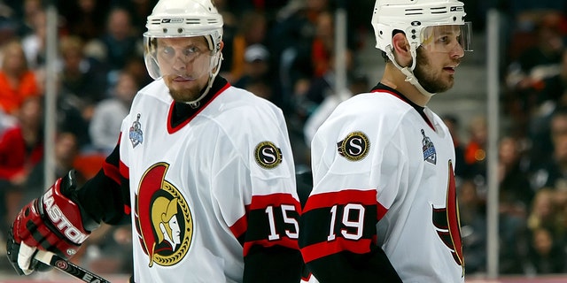 Dany Heatley and Jason Spezza of the Ottawa Senators during the 2007 Stanley Cup finals against the Ducks on June 6, 2007, at Honda Center in Anaheim, California.