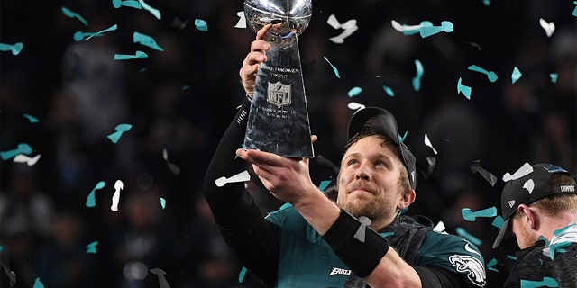 Quarterback Nick Foles of the Philadelphia Eagles celebrates following a victory over the New England Patriots in Super Bowl LII at US Bank Stadium in Minneapolis Feb. 4, 2018.