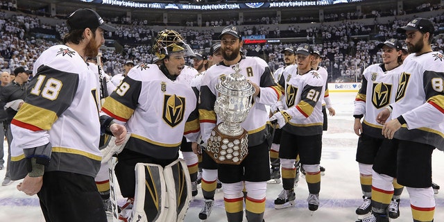 Deryk Engelland of the Vegas Golden Knights celebrates after defeating the Jets, 2-1, in the Western Conference Finals to advance to the 2018 NHL Stanley Cup Final at Bell MTS Place on May 20, 2018, in Winnipeg, Canada.