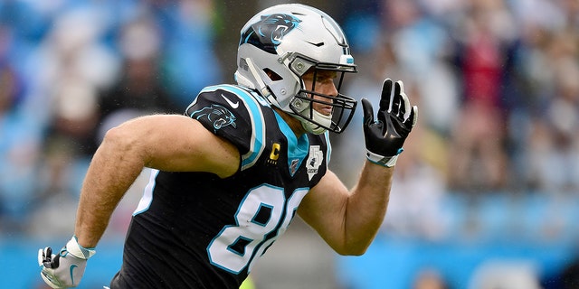 Greg Olsen #88 of the Carolina Panthers during the first half during their game against the New Orleans Saints at Bank of America Stadium on December 29, 2019 in Charlotte, North Carolina.